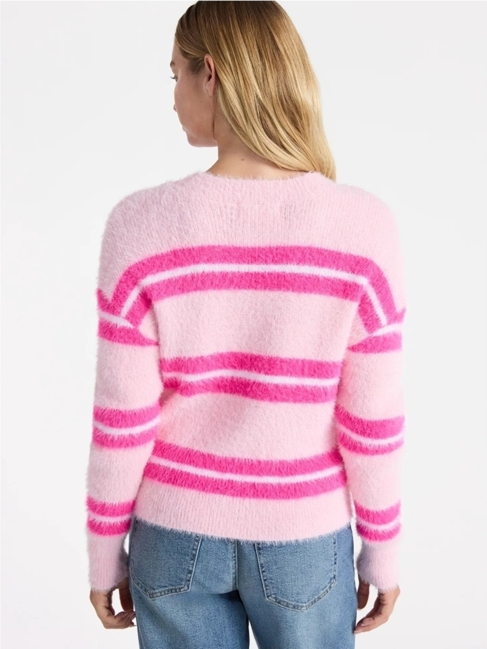 No Boundaries Pink Stripped Fuzzy Crewneck Feather Sweater  Size XS (0-2) - Picture 3 of 8
